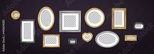 Set of vintage 3d photo frames on retro dark wallpaper. Vector illustration. Realistic gold, silver and black picture box, circle, oval and square shapes. Empty blank template, home interior decor