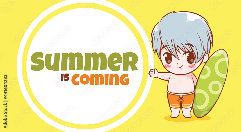cute boy holding surfing board with a summer greeting banner. cute boy holding surfing board with a summer greeting banner.