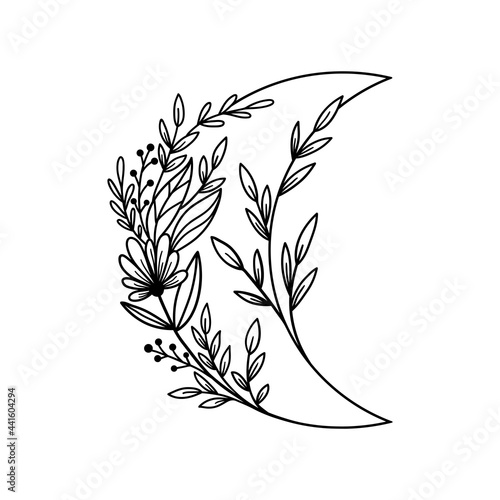 Hand drawn floral crescent moon with flowers and leaves.