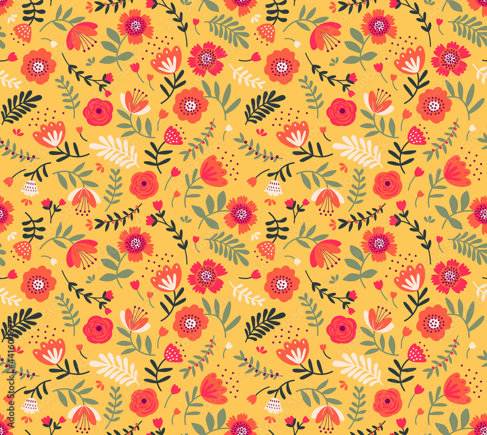 Folk seamless vector floral pattern. Endless print made of small red and orange flowers. Summer and spring motifs. Yellow  background. Stock vector illustration.
