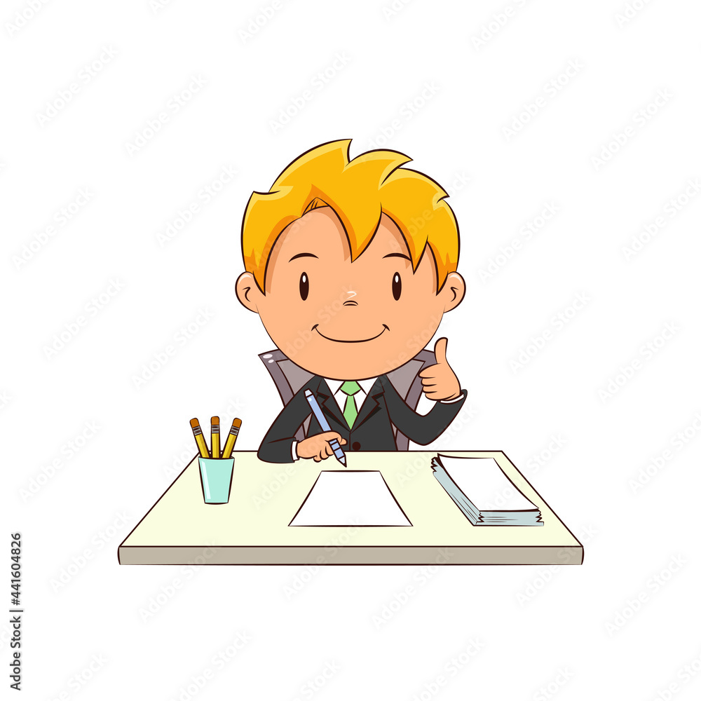 Business child working at desk, happy cute kid Business child working at desk, happy cute kid