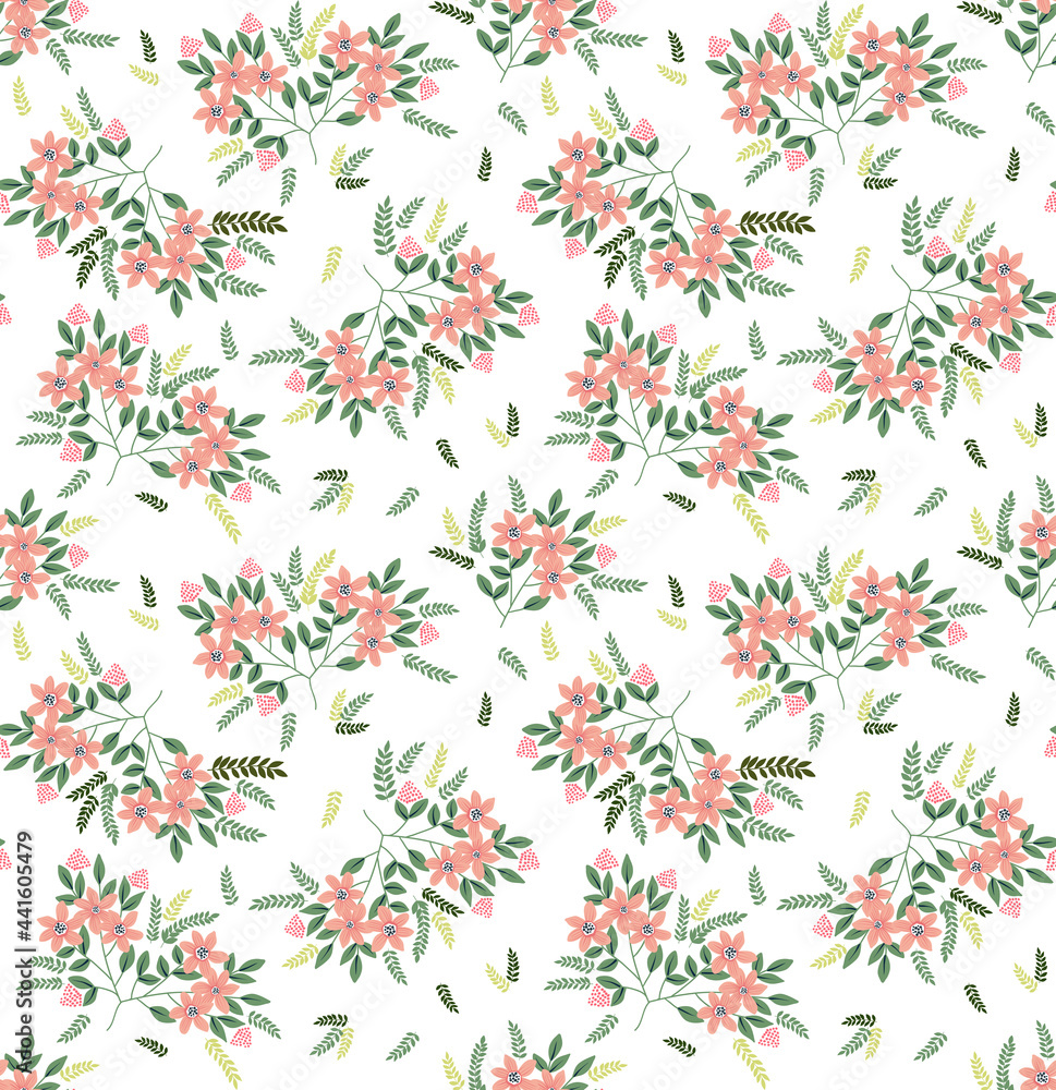 Seamless floral pattern. Ditsy background of small pink flowers. Small-scale flowers scattered over a white background. Stock vector for printing on surfaces and web design.