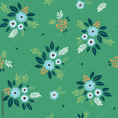 Vintage floral background. Floral pattern with small blue flowers on a pale green background. Seamless pattern for design and fashion prints. Ditsy style. Stock vector illustration. © ann_and_pen