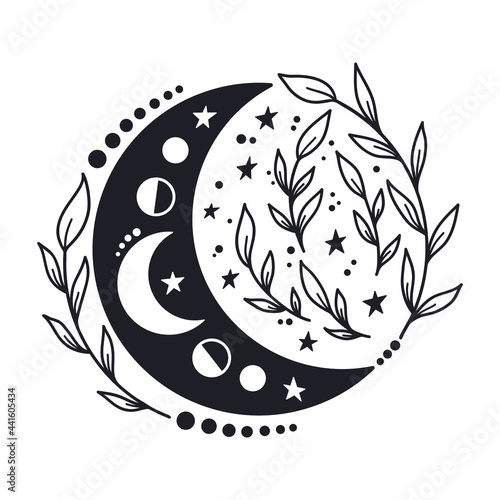 Hand drawn crescent moon with floal elements.
