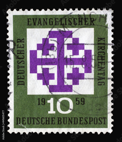 Stamp printed in Germany shows Synod Emblem, Meeting of German Protestants (Evangelical Synod), Munich, circa 1959 © zatletic