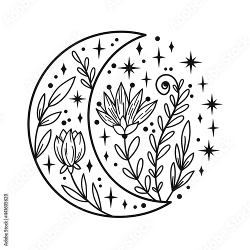 Hand drawn crescent moon with flowers and floal elements.