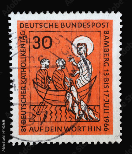 Stamp printed in Germany showing a picture with Jesus and two disciples fishing, 81st German Catholic Day in Bamberg, circa 1966