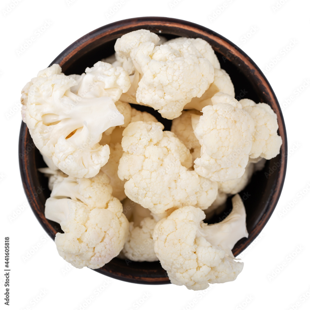 Cauliflower in a clay bowl isolated in white background. File contains clipping path. Fresh vegetable. Cauliflower in a clay bowl isolated in white background. File contains clipping path. Fresh vegetable.