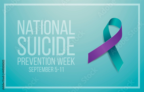 National suicide prevention week concept. Banner for September 5-11 with teal and purple ribbon awareness and text.  Vector illustration.