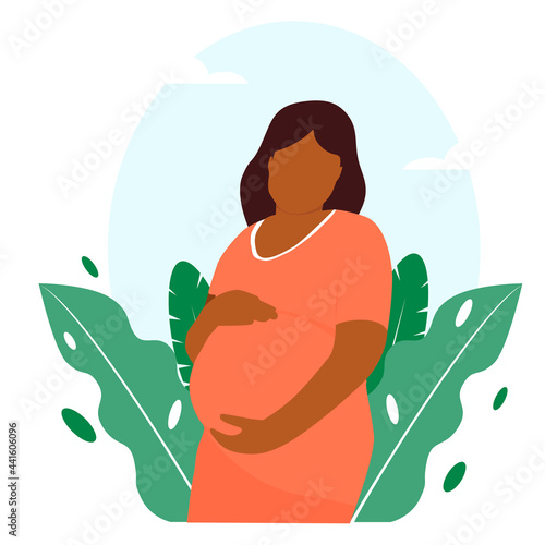 Black girl lady in red coral pink dress, pregnant woman, leaves and plants, blue background photo