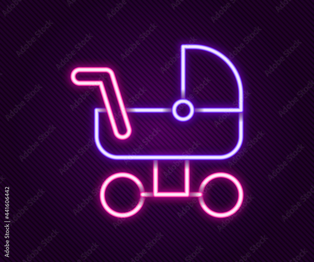 Glowing neon line Baby stroller icon isolated on black background. Baby carriage, buggy, pram, stroller, wheel. Colorful outline concept. Vector Glowing neon line Baby stroller icon isolated on black background. Baby carriage, buggy, pram, stroller, wheel. Colorful outline concept. Vector