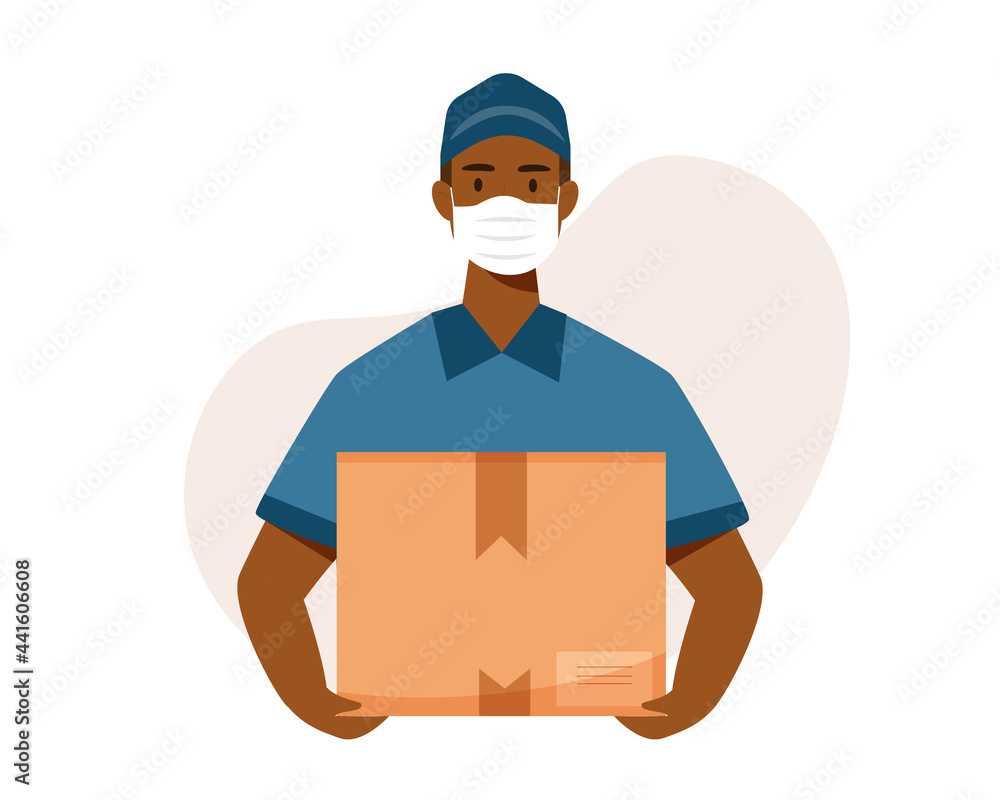 Afro American black delivery man in a face mask with box. Courier in respiratory mask with a box in his hands. Covid-19, safety home delivery. Vector flat cartoon illustration. Afro American black delivery man in a face mask with box. Courier in respiratory mask with a box in his hands. Covid-19, safety home delivery. Vector flat cartoon illustration.