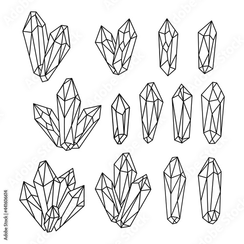 Set of hand drawn monochrome quartz crystals.