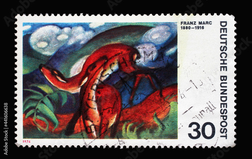 A stamp printed in Germany shows German expressionist painters: Deer in Red, by Franz Marc, circa 1974 photo