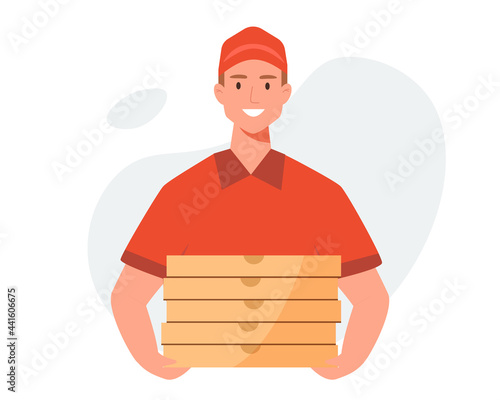 Happy pizza delivery man  with pizza boxes in his hands. Food home delivery. Vector illustration cartoon flat style.