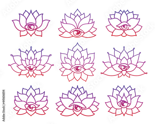 Set of hand drawn lotus flower tattoo designs with third eye