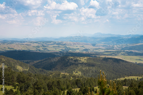 landscape and amazing blue cloudy sky viewed from the mountain peak at Divcibare mountain in Serbia