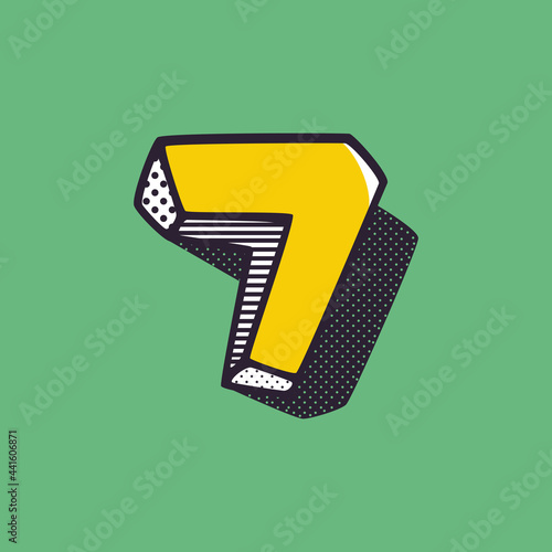 Retro 3d number seven logo with polka dot and striped pattern on the sides.