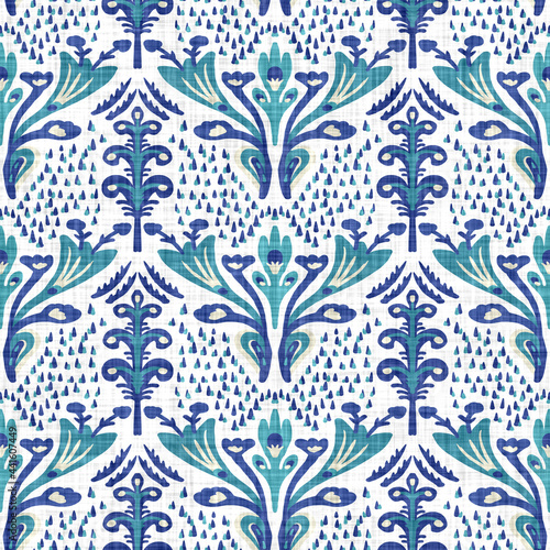 Azure blue floral linen texture background. Seamless abstract textile effect. Flower aqua melange dye pattern. Coastal cottage decor, modern sailing fashion or soft furnishing repeat cotton print 