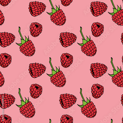 Seamless pattern with raspberry on pink background. Vector image.
