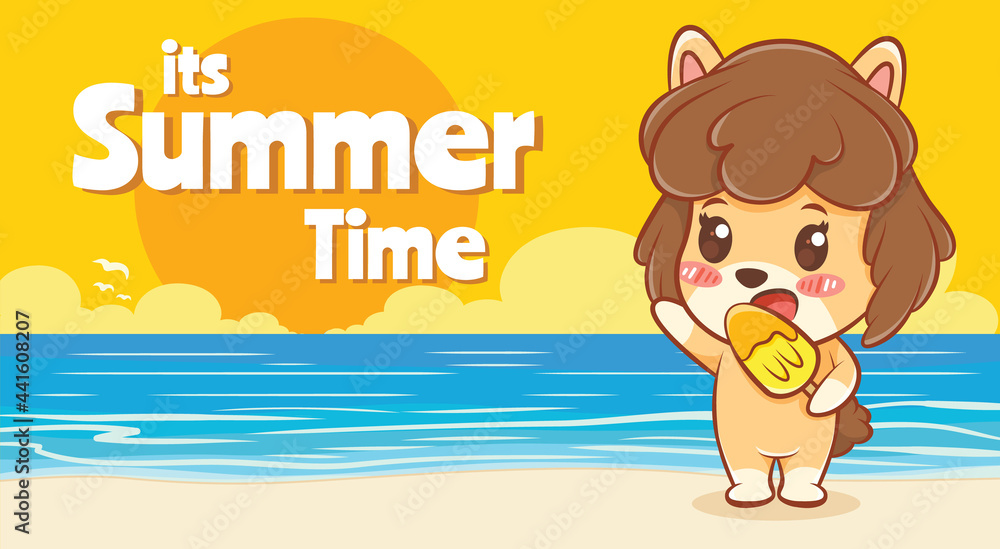 Fototapeta premium cute puppy holding ice cream with a summer greeting banner.