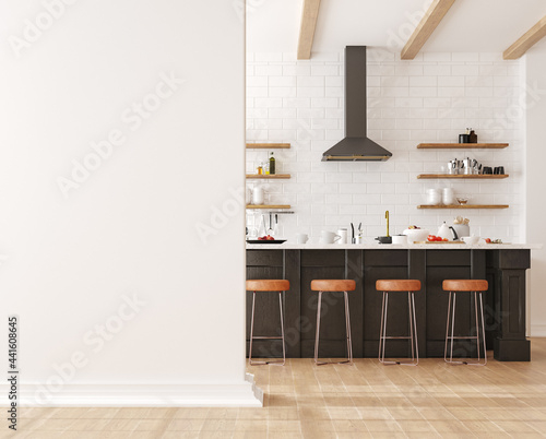 Wall mockup in loft, kitchen in industrial style ,3d render