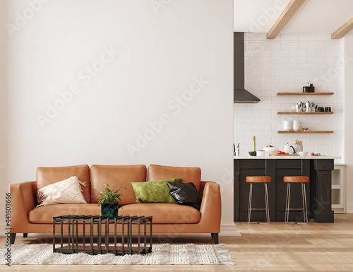 Wall mockup in loft, kitchen in industrial style ,3d render photo