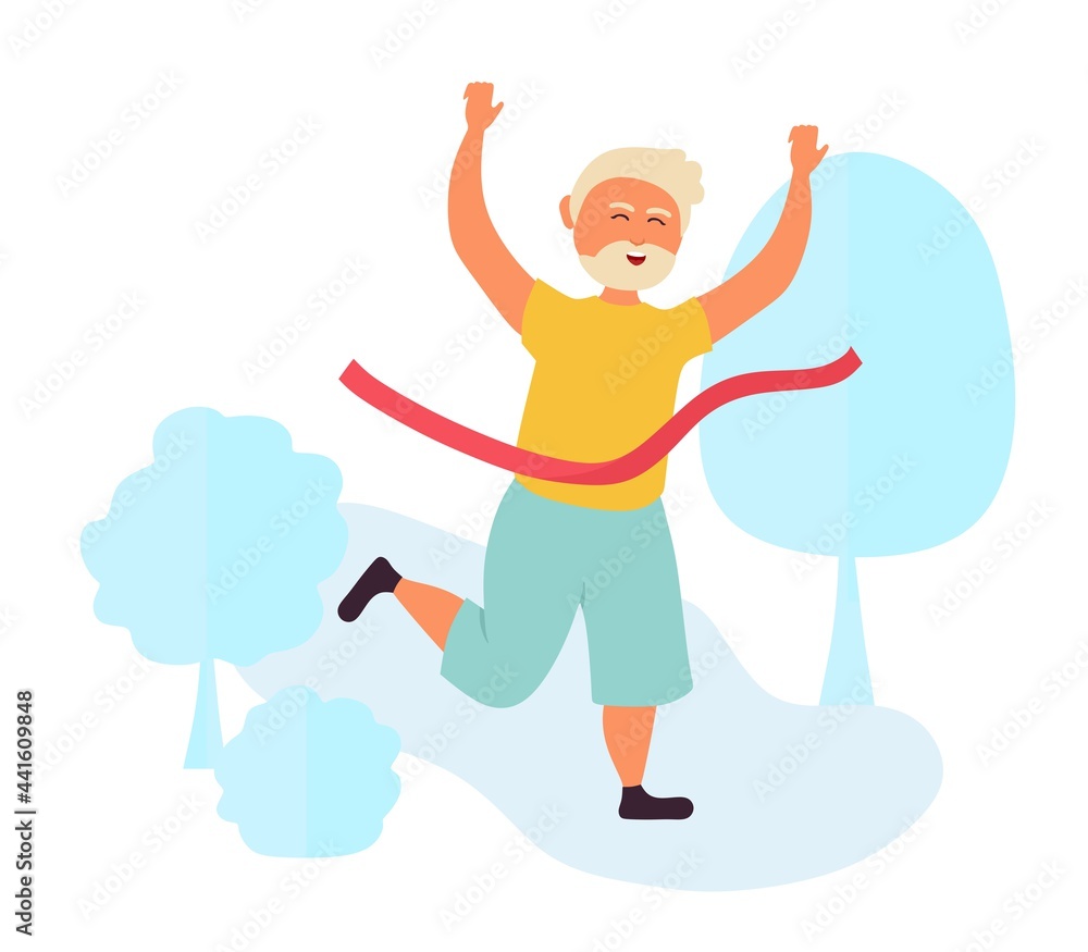 Old people grandpa runs a marathon and finishes with a red ribbon. Pensioners are athletic. Vector illustration isolated on a white background. Old people grandpa runs a marathon and finishes with a red ribbon. Pensioners are athletic. Vector illustration isolated on a white background.
