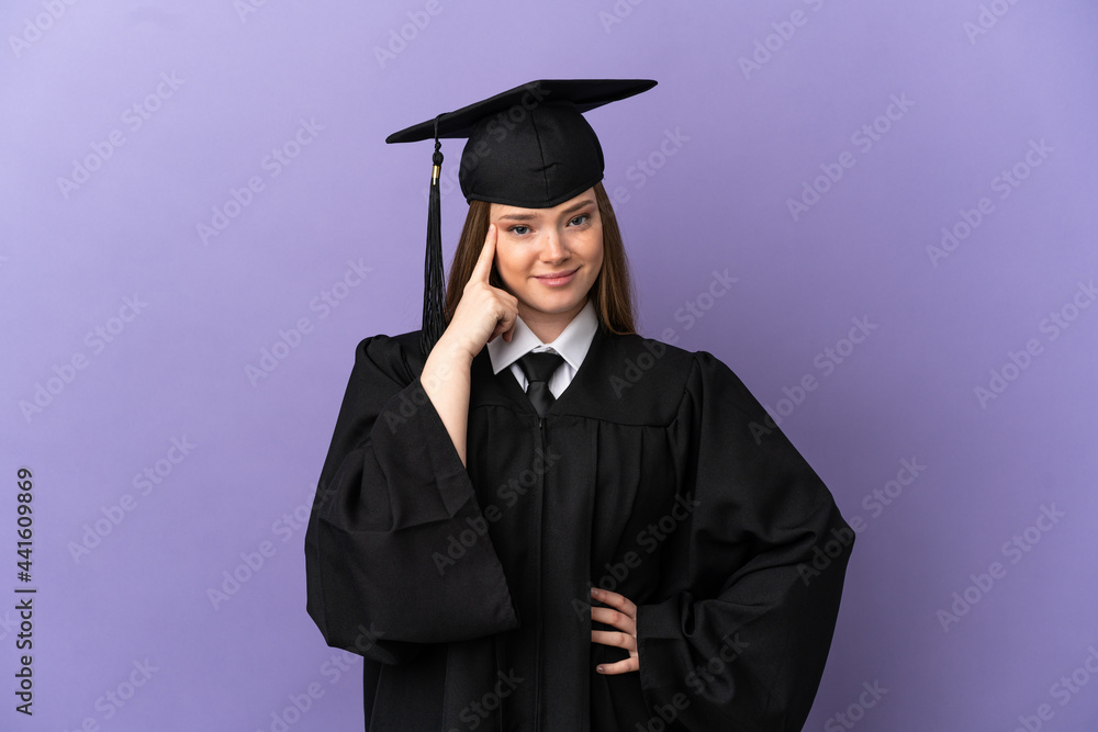 Young university graduate over isolated purple background thinking an idea Young university graduate over isolated purple background thinking an idea