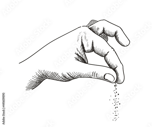 Fotografia Hand with salt, hands gesture salting food line art, vector cooking symbol hand