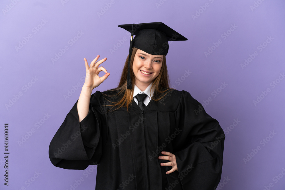 Young university graduate over isolated purple background showing ok sign with fingers Young university graduate over isolated purple background showing ok sign with fingers