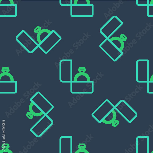 Line Diamond engagement ring icon isolated seamless pattern on blue background. Vector