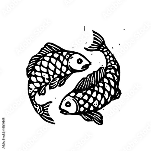 Pisces sign zodiac astrology vector linocut print illustration