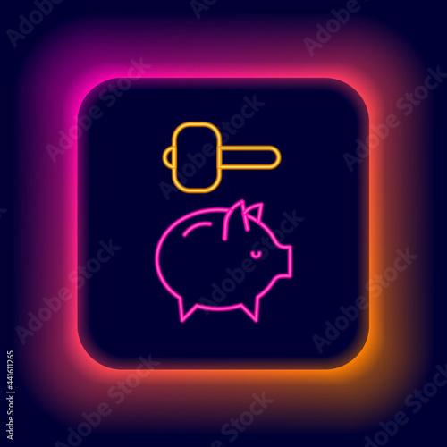 Glowing neon line Piggy bank and hammer icon isolated on black background. Icon saving or accumulation of money, investment. Colorful outline concept. Vector