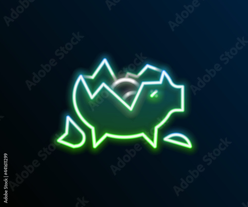 Glowing neon line Broken piggy bank icon isolated on black background. Icon saving or accumulation of money, investment. Colorful outline concept. Vector