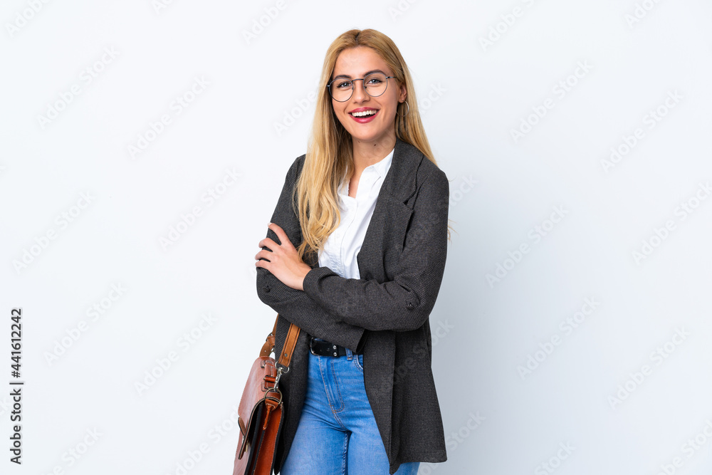 Business Uruguayan woman over isolated white background laughing