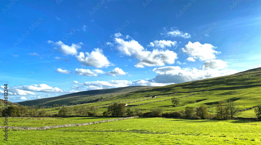 Fototapeta premium Expansive Yorkshire Dales landscape, from Littondale, with a view toward Kettlewell, Skipton, UK