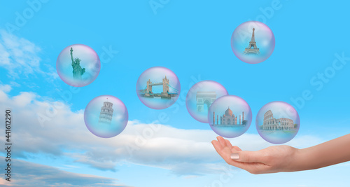 Famous monuments of the world with air soap bubble flying - Colosseum  eiffel tower  pisa tower  Taj mahal  Arch of Triumph  Statue of Liberty  tower bridge