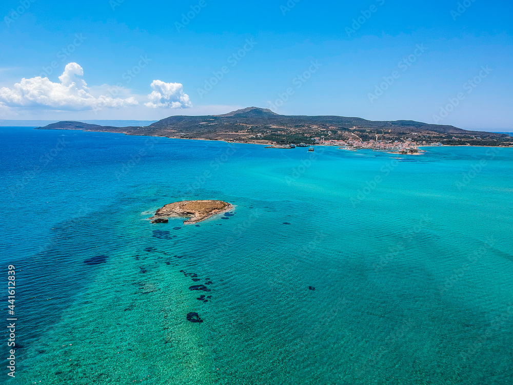 Obraz premium Iconic aerial view over the oldest submerged lost city of Pavlopetri in Laconia, Greece. About 5,000 years old Pavlipetri is the oldest city in the Mediterranean sea