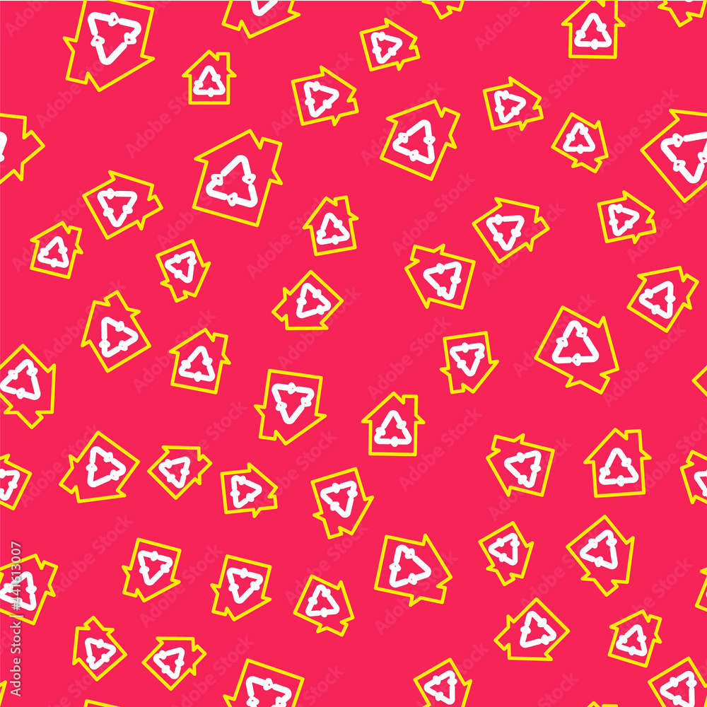 Line Eco House with recycling symbol icon isolated seamless pattern on red background. Ecology home with recycle arrows. Vector Line Eco House with recycling symbol icon isolated seamless pattern on red background. Ecology home with recycle arrows. Vector