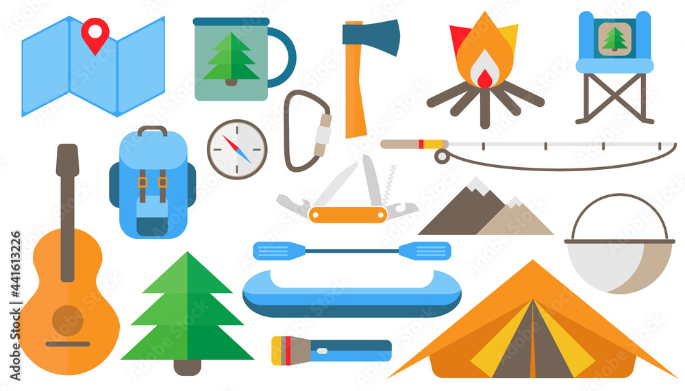 A set of items for tourism and hiking. Includes flat map, mug, axe, fire, chair, backpack, compass, carbine, knife, fishing rod, mountains, bowler hat, guitar, spruce, flashlight, canoe, paddle, tent. A set of items for tourism and hiking. Includes flat map, mug, axe, fire, chair, backpack, compass, carbine, knife, fishing rod, mountains, bowler hat, guitar, spruce, flashlight, canoe, paddle, tent.