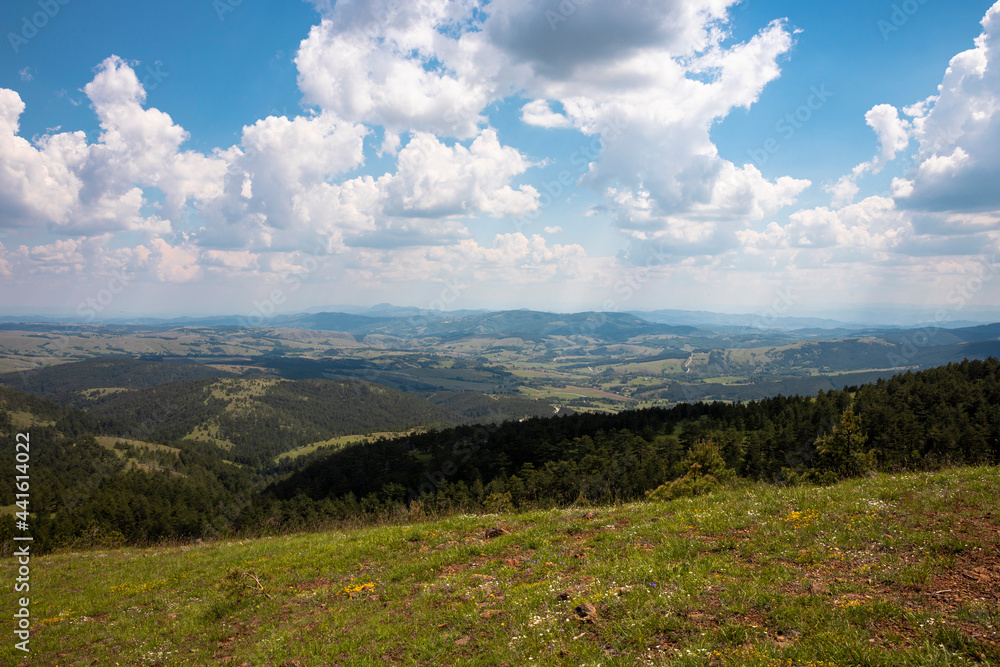 landscape and amazing blue cloudy sky viewed from the mountain peak at Divcibare mountain in Serbia