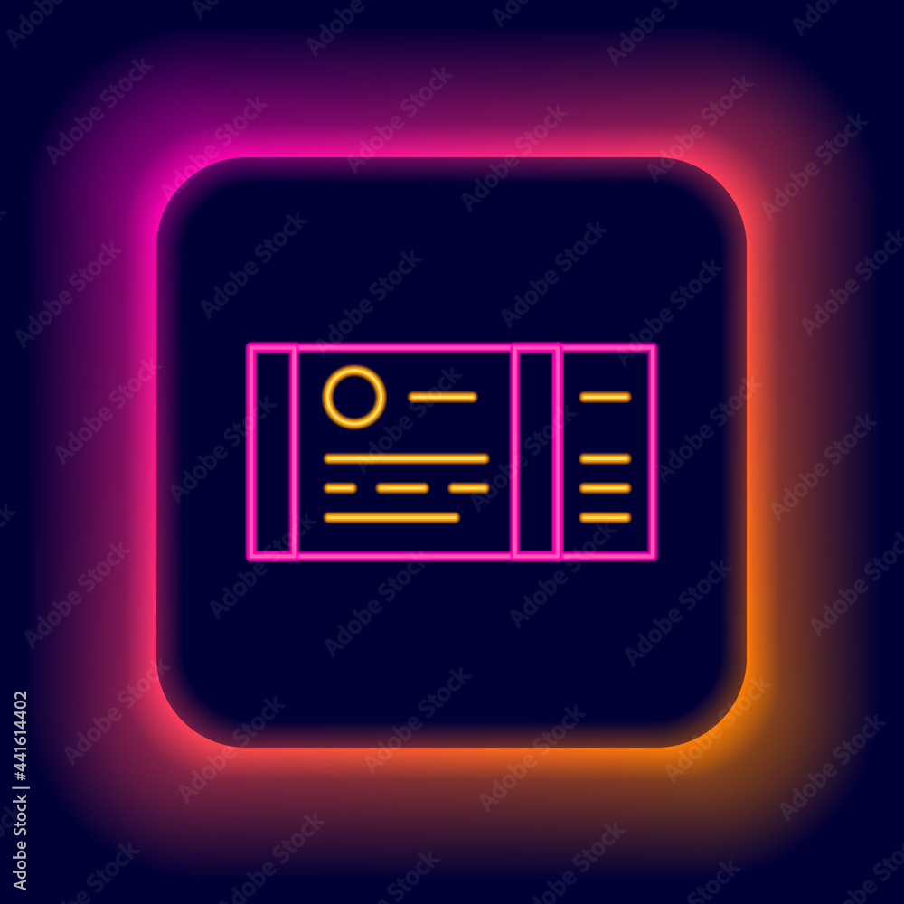 Glowing neon line Train ticket icon isolated on black background. Travel by railway. Colorful outline concept. Vector Glowing neon line Train ticket icon isolated on black background. Travel by railway. Colorful outline concept. Vector