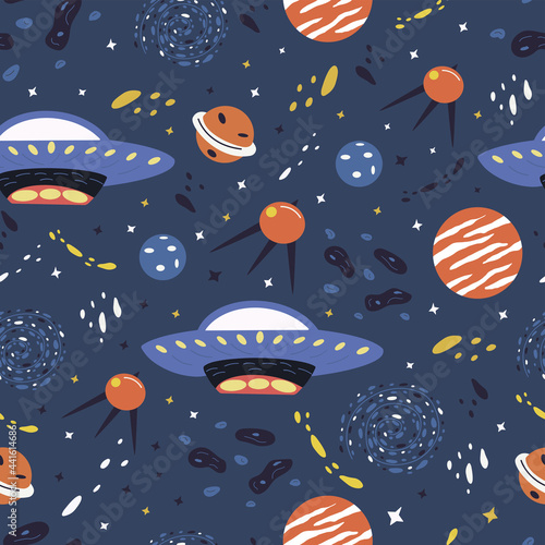 Seamless pattern with elements of the universe. Planets, stars and the milky way, flying saucer, ufo. Colorful vector illustration hand drawn. Print or packaging, textile or card