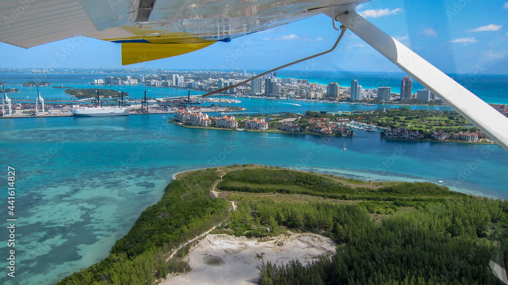 Aerial shot from a seaplane of Fisher Island, South Beach in Miami, Florida