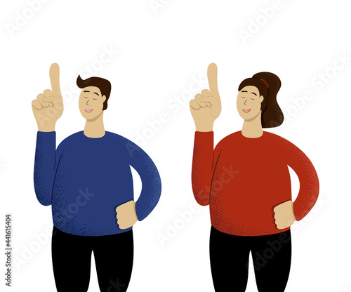 Vector illustration of an adult man and woman pointing finger up with the fave of approval, closed eyes and smiling