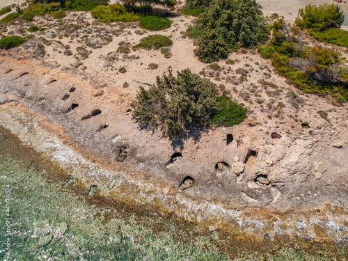 Iconic aerial view over the oldest submerged lost city of Pavlopetri in Laconia, Greece. About 5,000 years old Pavlipetri is the oldest city in the Mediterranean sea photo