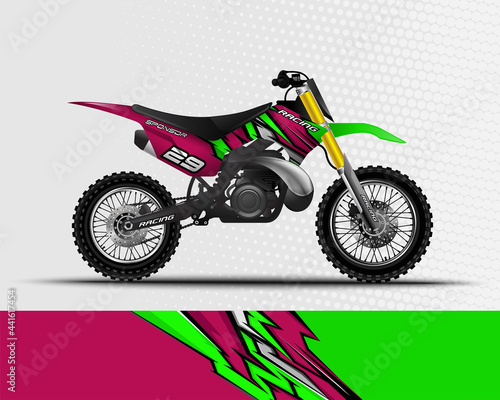 Motocross motorcycle wrap decal and vinyl sticker design with abstract background.