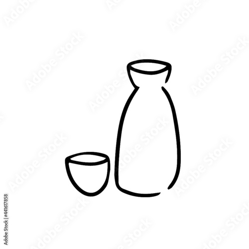 Hand drawn illustration of sake cup and a bottle in simple icon drawing  © Mizuho Call