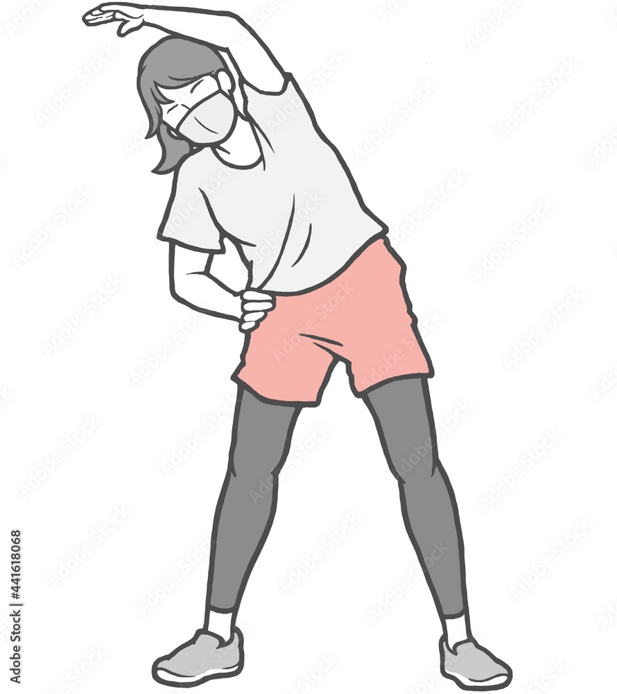 Fototapeta premium マスク ラジオ体操 若い女性 ストレッチ 外